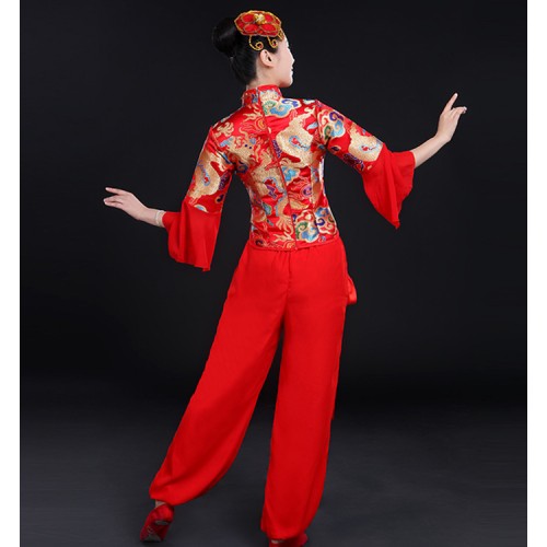 Women's chinese folk dance costumes dragon pattern yellow red chinese style drummer yangko fan stage performance dresses costumes